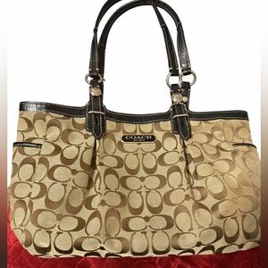 Coach Signature Monogram Pleated Tote Bag | Khaki & Brown Leather Shoulder Bag